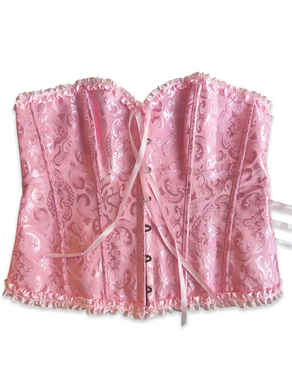 Pink Satin Brocade Corset Bustier with Ruffle Trim
